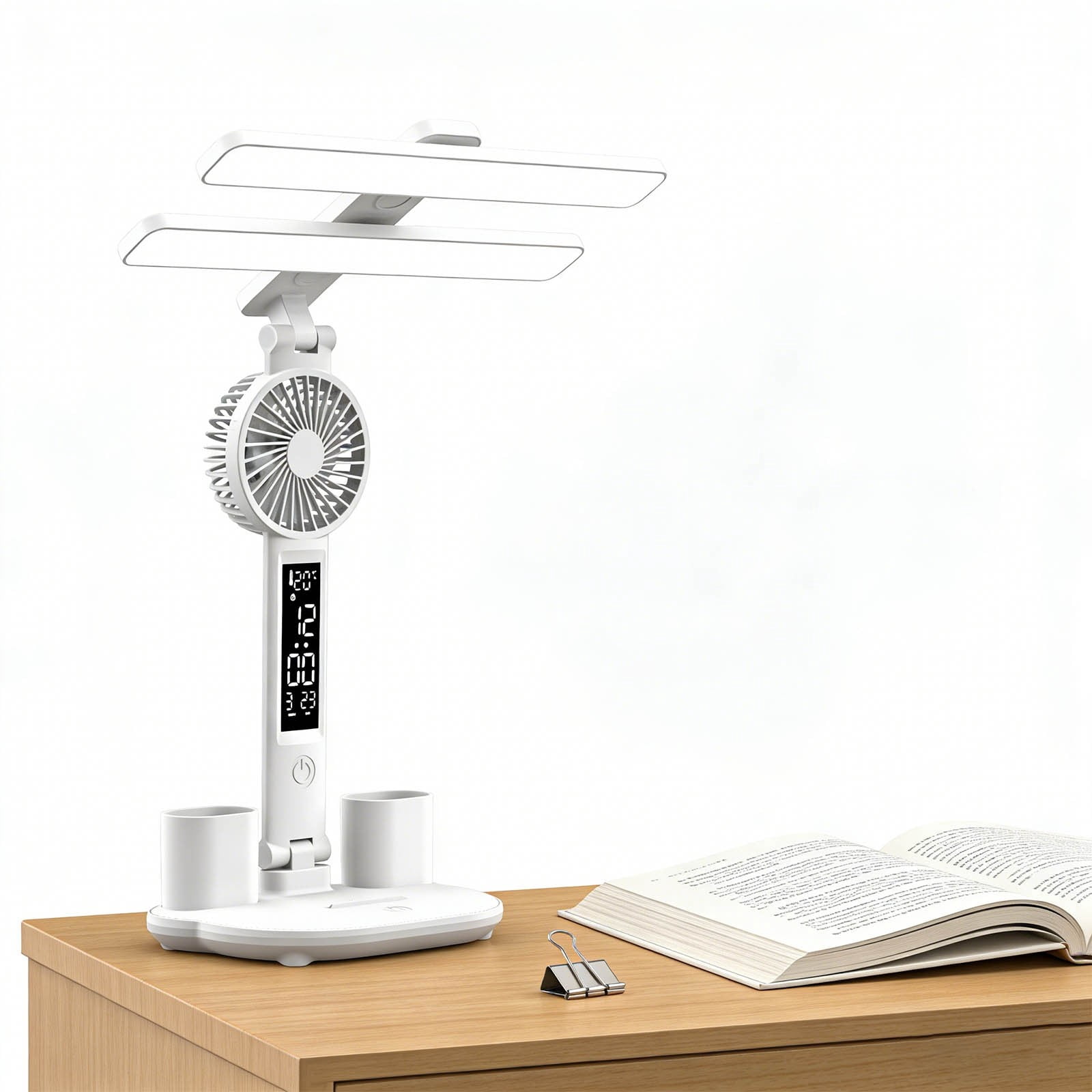 2026 LED Desk Lamp with Clock & Fan - 12.6-Inch Adjustable Eye-Protecting Light for College Dorm/Bedroom