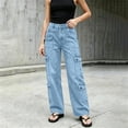 thumbnail image 5 of LEAVINGSUO Straight Leg Cargo Jeans Trousers for Women Fashion High Waisted Pockets Solid Color Button Zipper Casual Denim Pants Blue XXL, 5 of 7