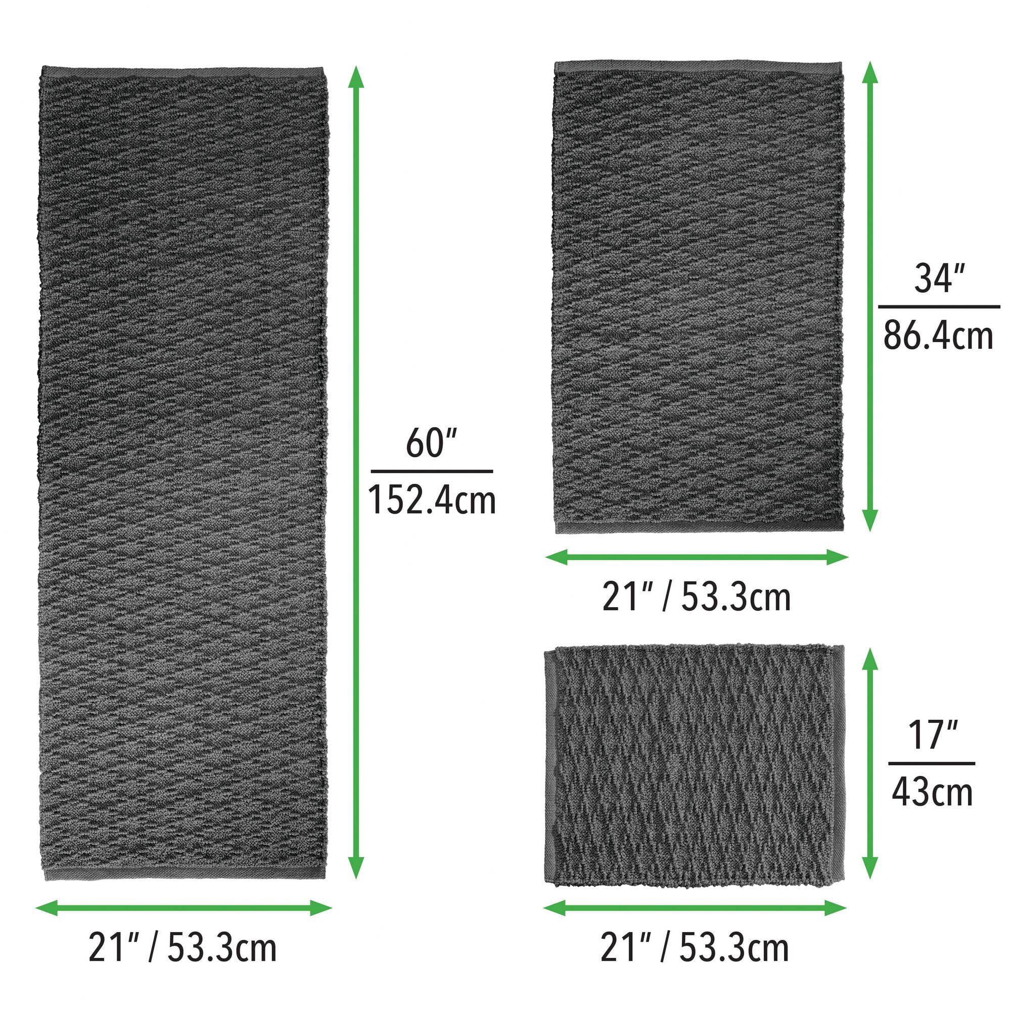 mDesign Cotton Bathroom Spa Mat Rugs/Runner, Diamond Design, Set of 3, Dark Gray