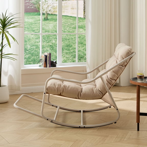 S-HOME Modern High-Density Thick Cushion Rocking Chair, Steel Frame , for Bedrooms and Reading Rooms, Beige
