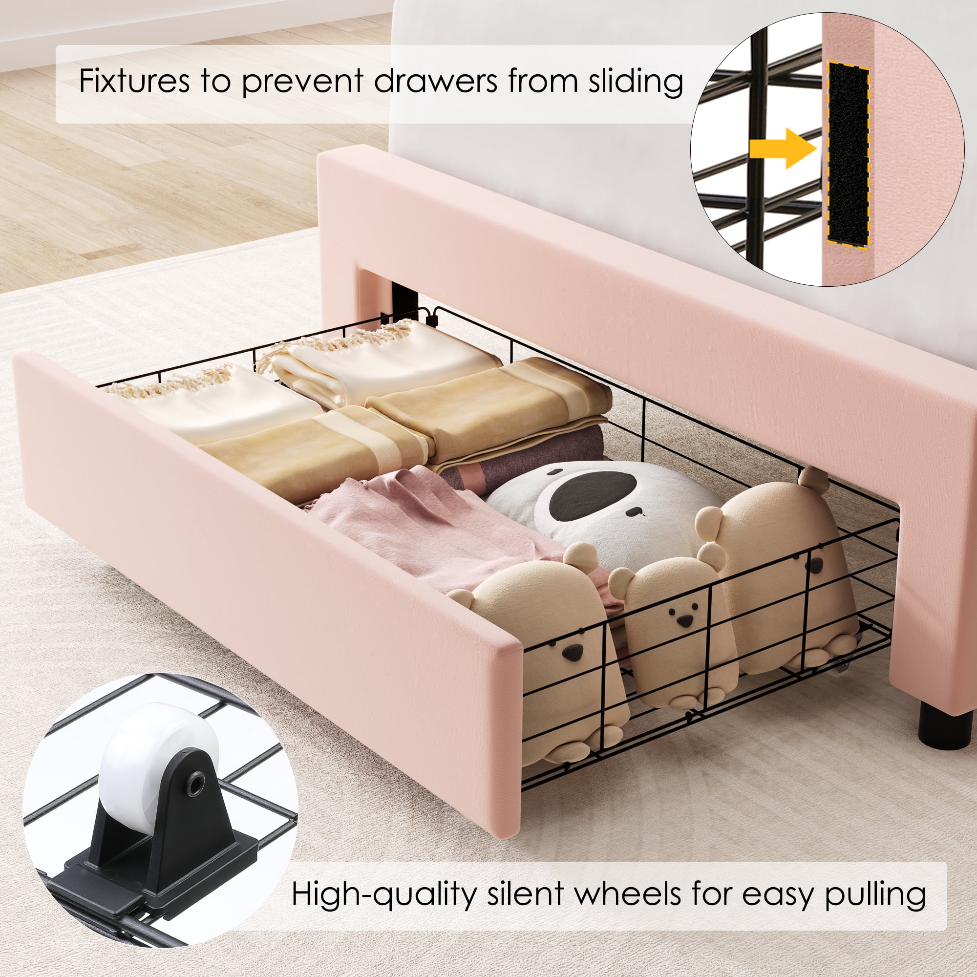 Homfa Twin Size LED Bed Frame with Drawer, Velvet Upholstered Platform Bed with Adjustable Petal Headboard for Kid, Pink