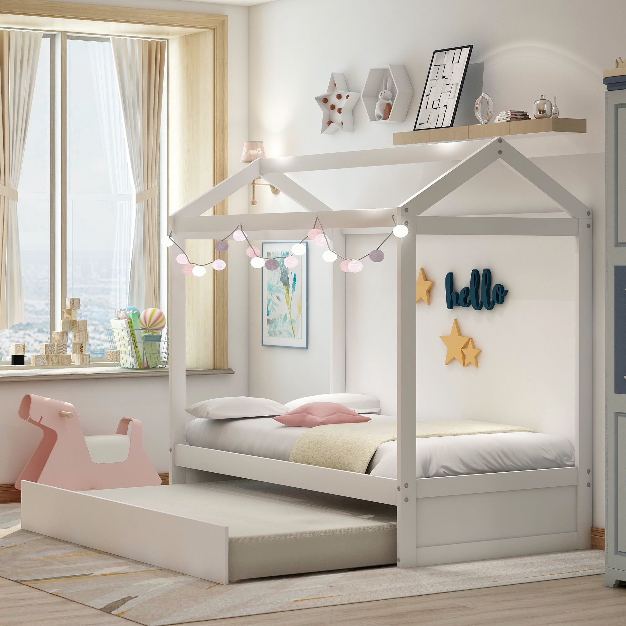 Solid Wood House Bed Twin with Trundle for Kids,House Bed Frame with Trundle for Kids Children Toddler Girls Boys,White