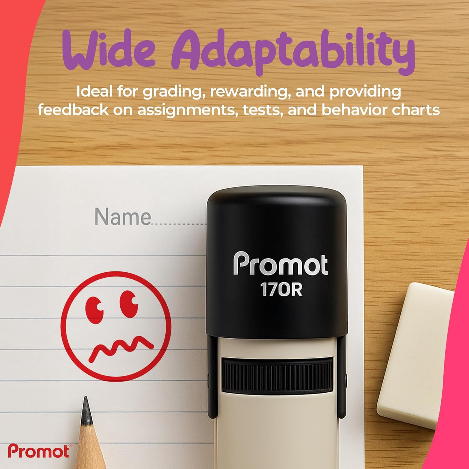 Promot Round Teacher Self-Inking Stamp for Grading & Feedback (Smiley Squiggly Mouth Red)