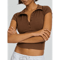 thumbnail image 4 of Womens Short Sleeve Collared -Tops V Neck Button Down Fitted Shirts Coffee Color S, 4 of 7