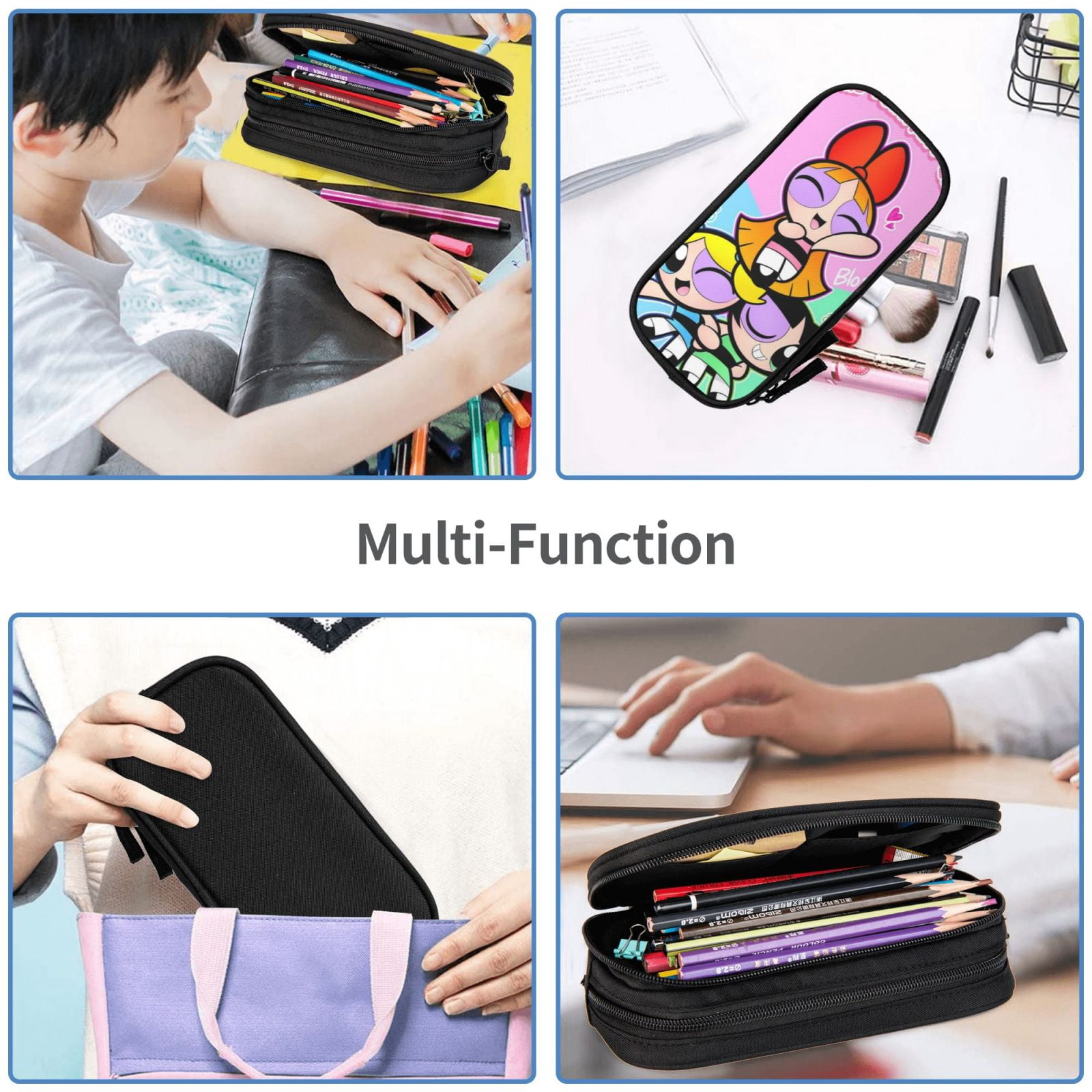 The Powerpuff Gi-rls Pencil Case Large Capacity Pencil Pouch Penbag Office Stationery Organizer Travel Makeup Bag Black