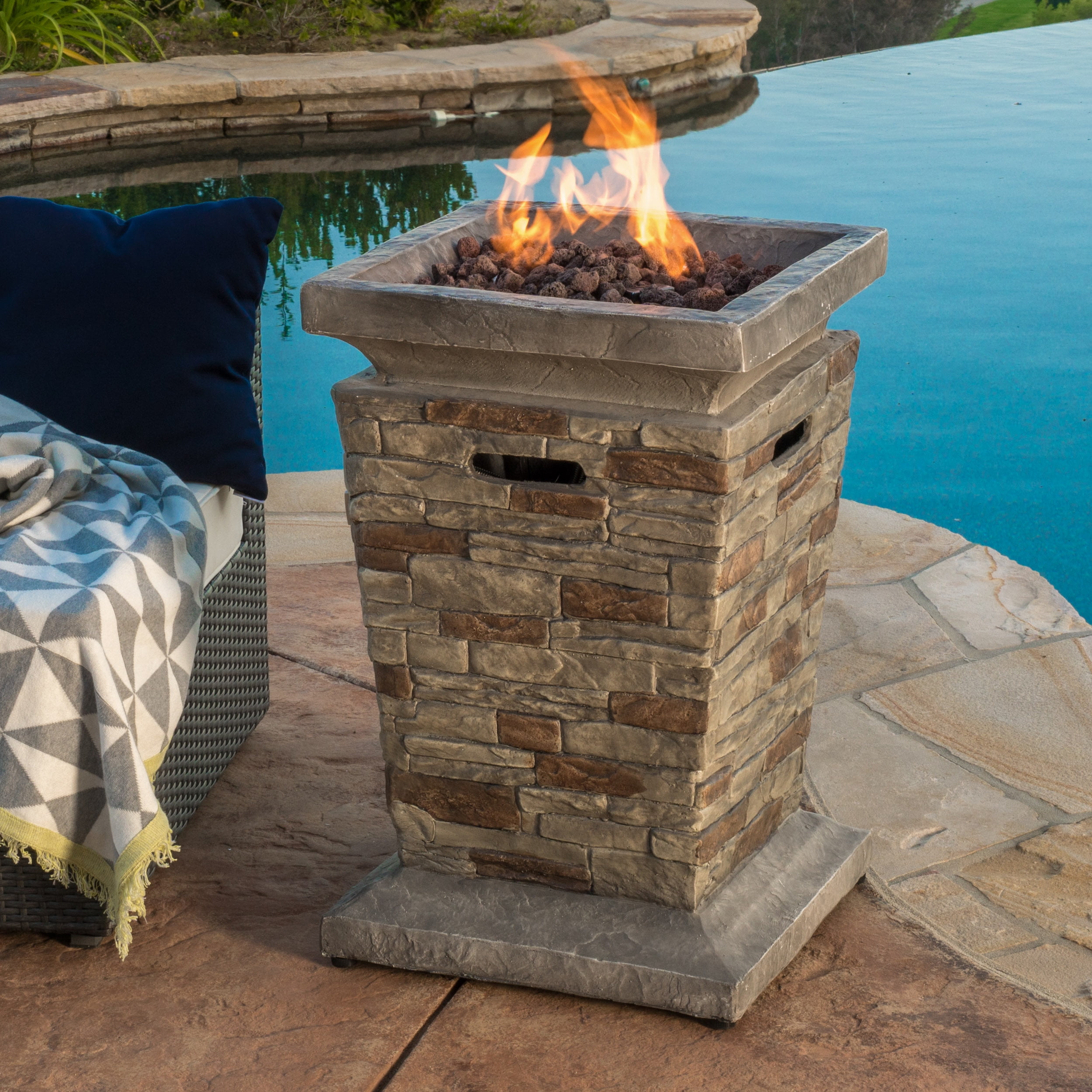 Ewestern Outdoor 19.50" MGO Fire Column with Natural Stone Finish 40,000 BTU for Patio Backyard Firepit with Propane Tank Storage Lightweight Concrete Design
