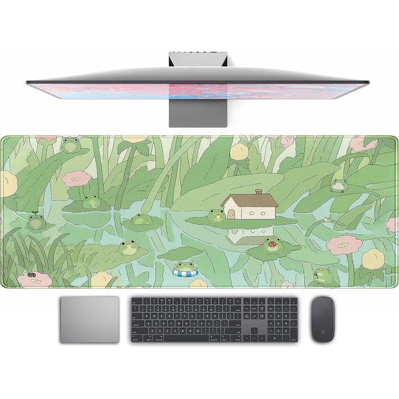 Cute Green Plant Floral Desk Mat Anime Frog Mouse Pad XL Kawaii Japanese Large PC Gaming Mousepads Computer Keyboard and Mouse Mat for Women Office Gamer Girl Desk Decor Desk Pad 31.5x11.8 in