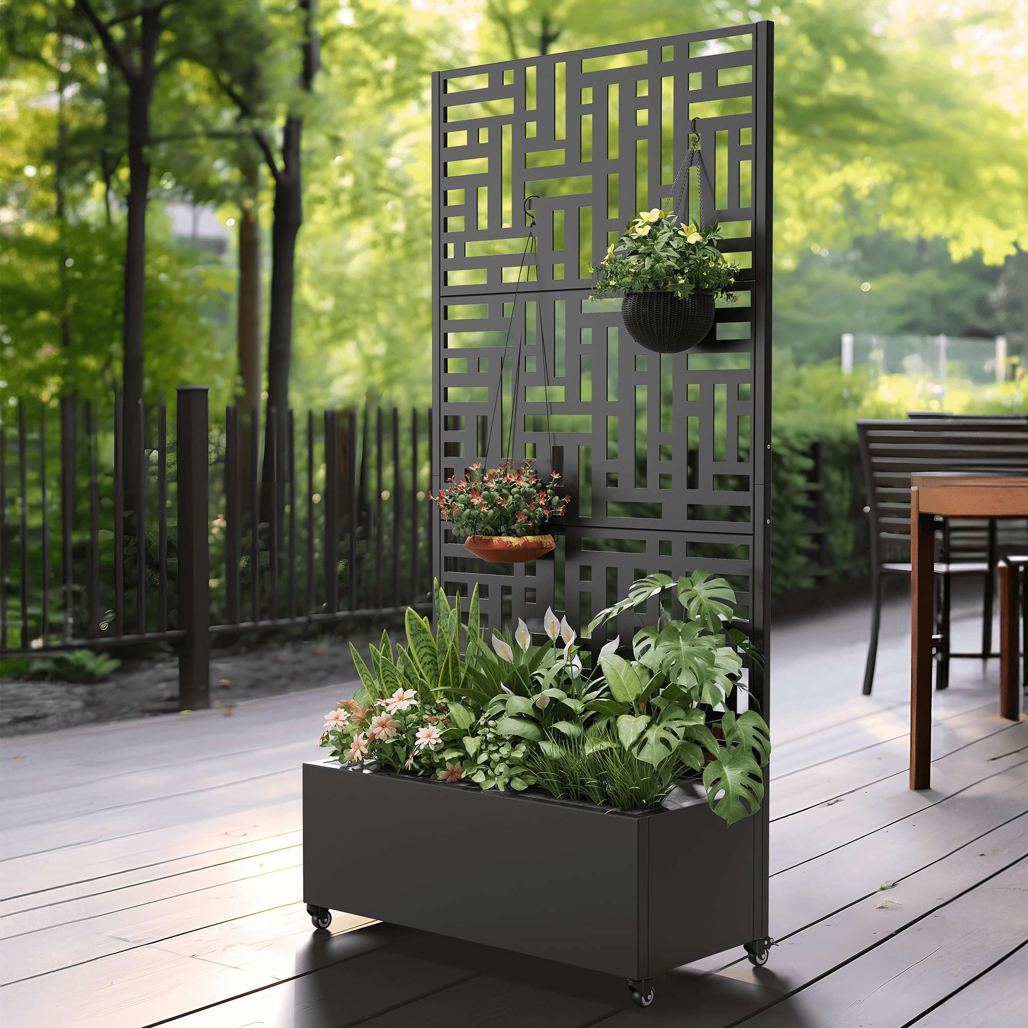 MAYEERTY 35*16*71" Black Metal Planter with Rect Climbing Trellis, Drainage hole & Wheels, Street Pattern