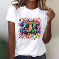 thumbnail image 2 of Hyknon Hauts pour Femmes Été Nouvel An Bonne Année Décontracté Imprimé Col Rond Manches Courtes Haut Doux Pull Polyvalent pour Sortir, 2 of 5