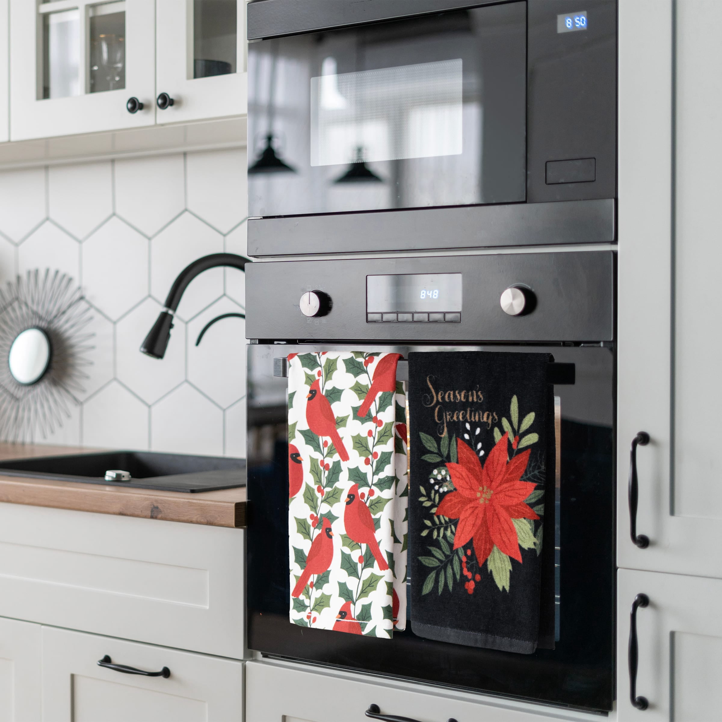 RITZ 100% Cotton Holiday Kitchen Towels, Set of 4, Cardinal Greetings, Poinsettia Dish Towels Set, Festive Red Green