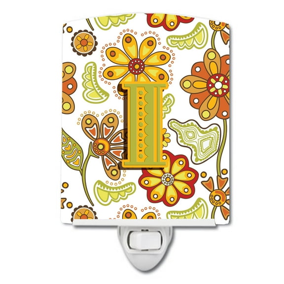 Caroline's Treasures CJ2003-ICNL Letter I Floral Mustard and Green Ceramic Night Light, 6x4x3", multicolor