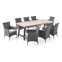GDF Studio Remo Outdoor Acacia Wood and Wicker 9 Piece Dining Set with Cushion, Light Gray, Black, and Gray