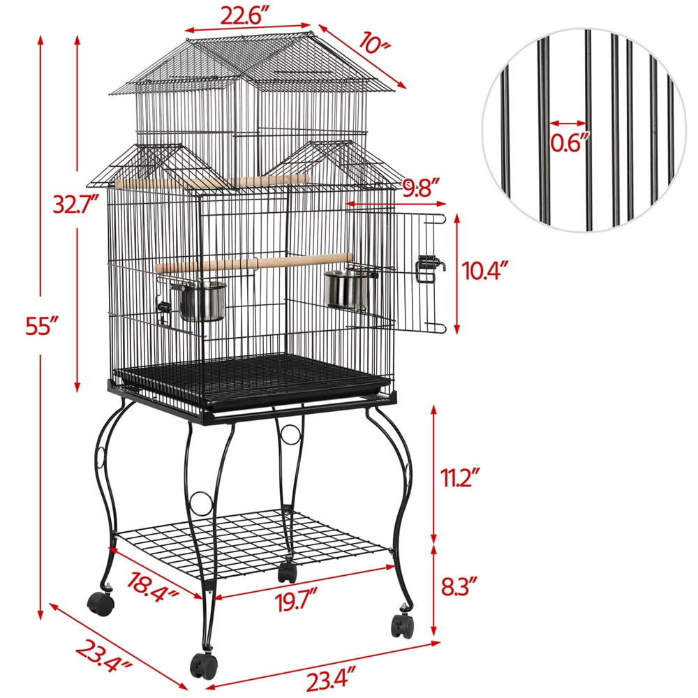 Alden Design 55" H Metal Rolling Bird Cage with Triple Roof Detachable Stand for Birds Finches Lovebirds Canaries Cockatiels Conures Parakeets, Black