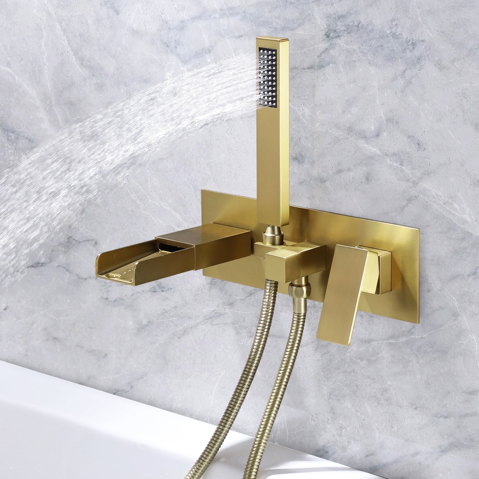 Wall Mounted Bathroom Bathtub Faucet with Hand Shower, Single Lever Handles Channel Tub Filler with Rough-in Valve