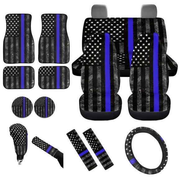 Yuyamidu American Flag Car Seat Covers Set of 15 Police Flag Car Floor Mats Steering Wheel Cover Seatbelt Pad Handbrake Cover Set Car Coasters for SUV Sedan Van