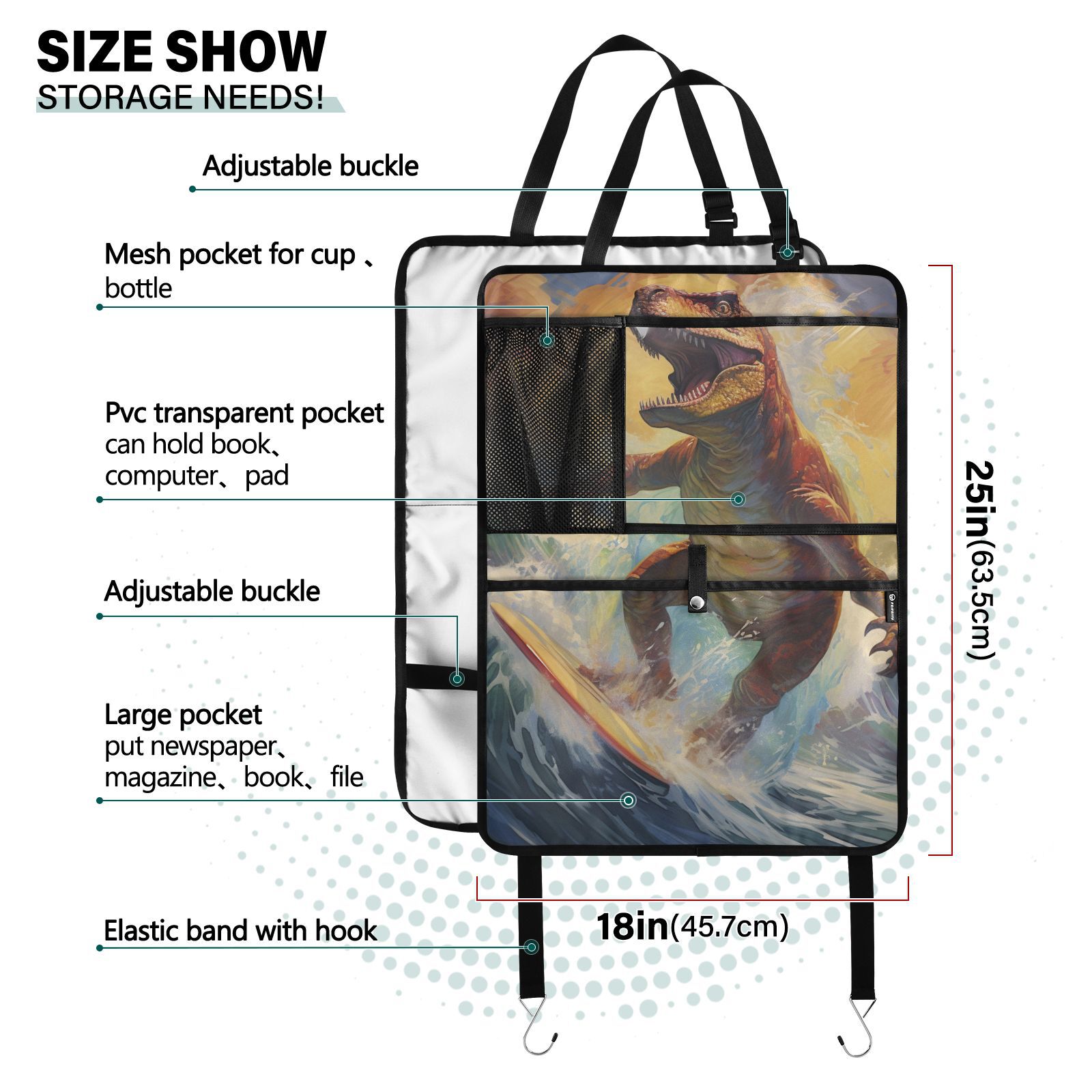 Dinosaur surfing epic wave ride(13) Car Seat Back Kick Protectors,4 Pack Kick Mats with Storage Pockets for Vehicles to Protect from Dirt, Mud & Scratches