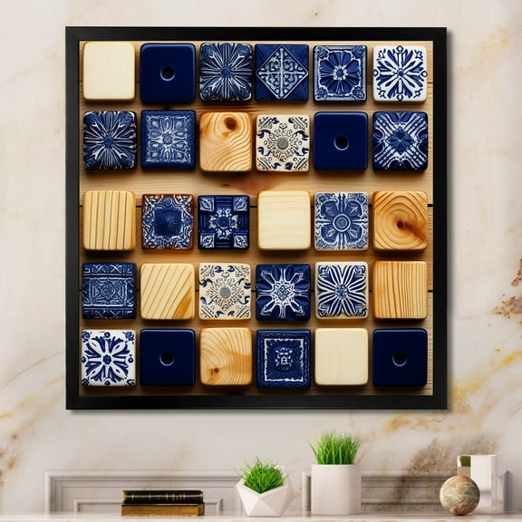 Designart "Bohemian Blue Tile Patterns" Geometric Framed Wall Art Decor - Bohemian Blue Boho Tiles Hallway Framed Wall Art Decor