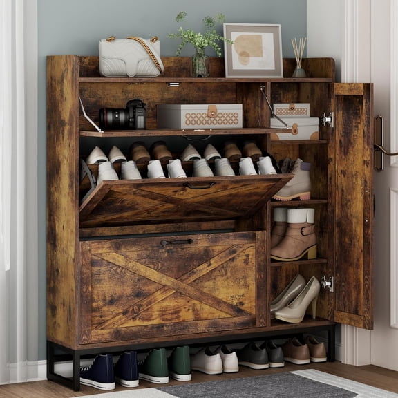 Free-Standing Shoe Storage Cabinet with 2 Flip Drawers and Adjustable Side Cabinet, Narrow Entryway Shoe Organizer with Door, Rustic Plus