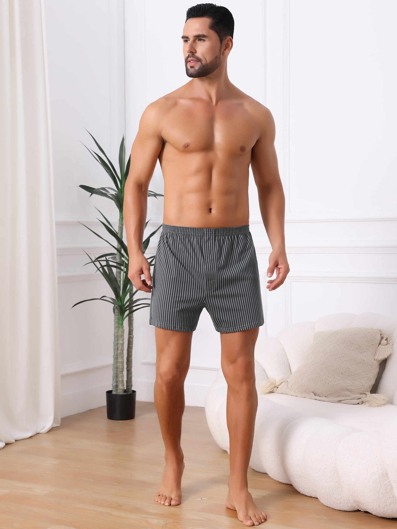DARING DIVA Men's Striped Breathable Cotton Mid-Waisted Boxer Shorts 32 Dark Gray