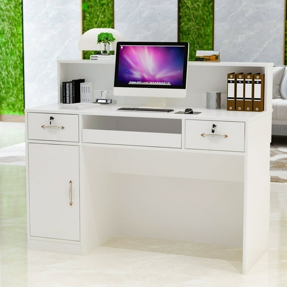 KULAGAGA 47.2 inch Reception Desk with LED, Reception Desk with Locked Drawer and Storage Cabinet, White