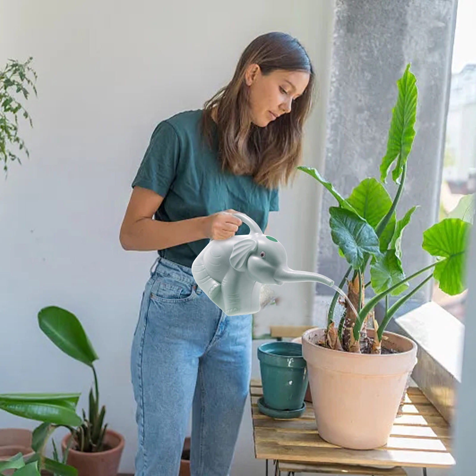 Fiudx Xiying Small Plastic Watering Can for Indoor/Outdoor Plants - Cute Elephant Design Garden Watering Can, 30X12X18Cm
