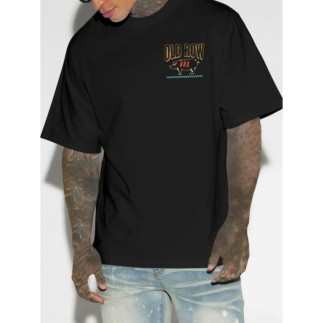 T-Shirt Décontracté à Col Rond pour Hommes, Imprimé BBQ Old Row Cochon Chef, Légèrement Extensible, Coupe Régulière, Tee-Shirt à Manches Courtes d'Été, 180gsm - Noir