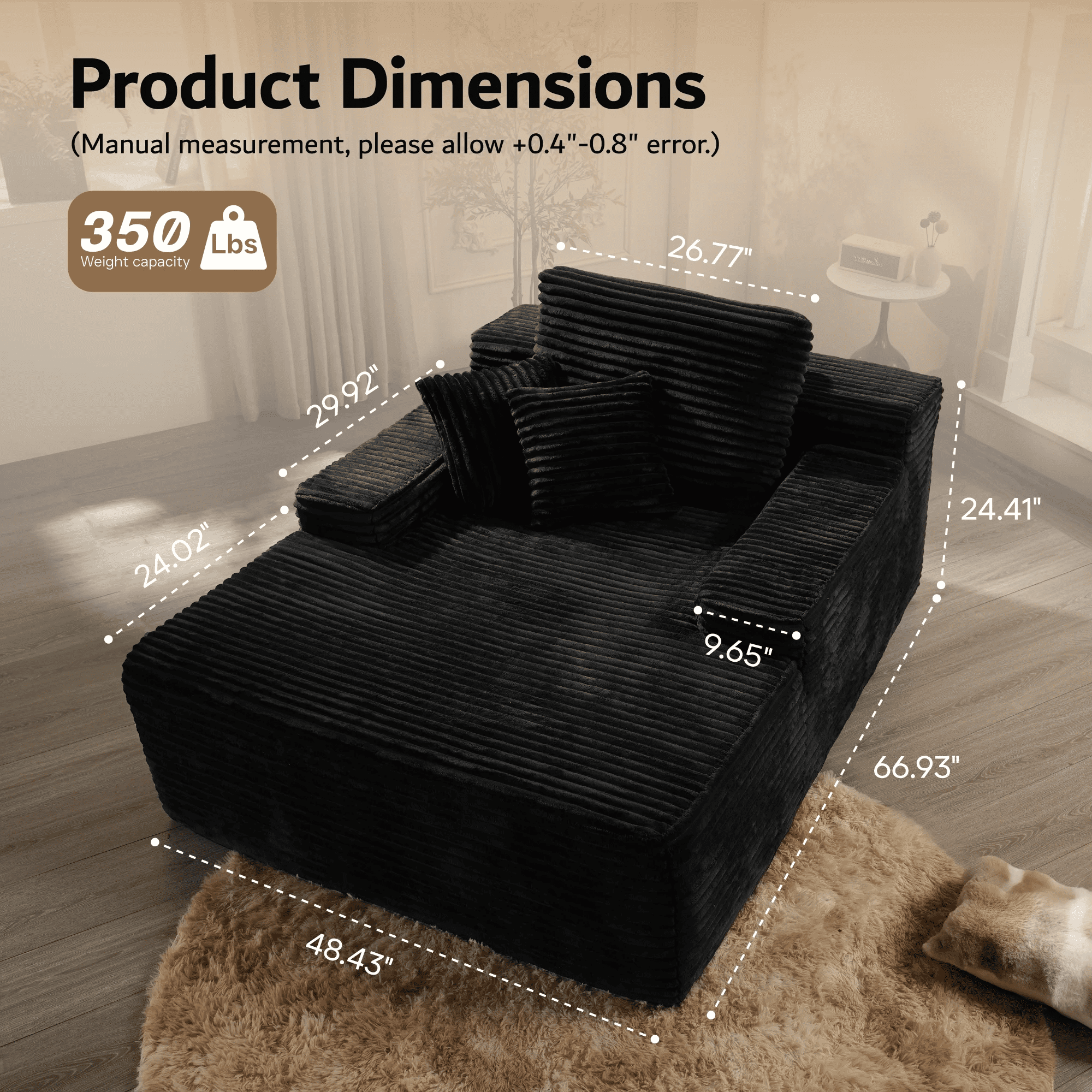 Vcatnet 67"x48" Chaise Lounge Chair Indoor Oversized Lounge Couch Upholstered Corduroy Sofa Bed for Living Room and Bedroom, Black