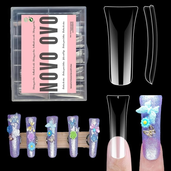 AIR-120 pcs Extra Long Duck Nail Tips Full Cover for Acrylic, Clear XL XXL Flare Feet Nails Press On, Y2K Vibe Wide French Soft Gel False Nail Extension for Art Salon x 12 Sizes in Box