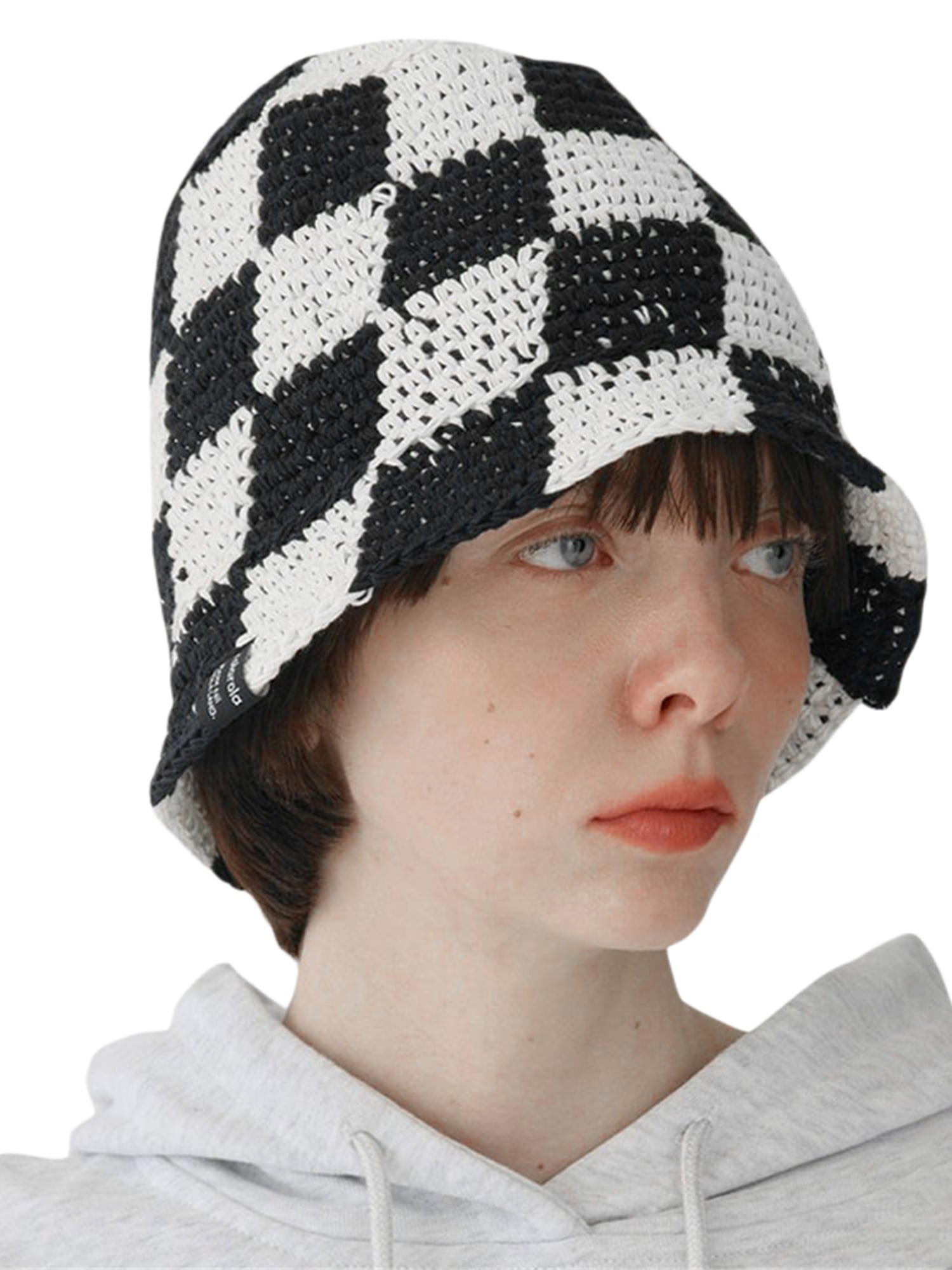 Women Crochet Bucket Hat Plaid Pattern Wide Brim Fisherman Hats Outdoor Sun  Cup Sweet Beach Head Wear Y2k Straw Hat