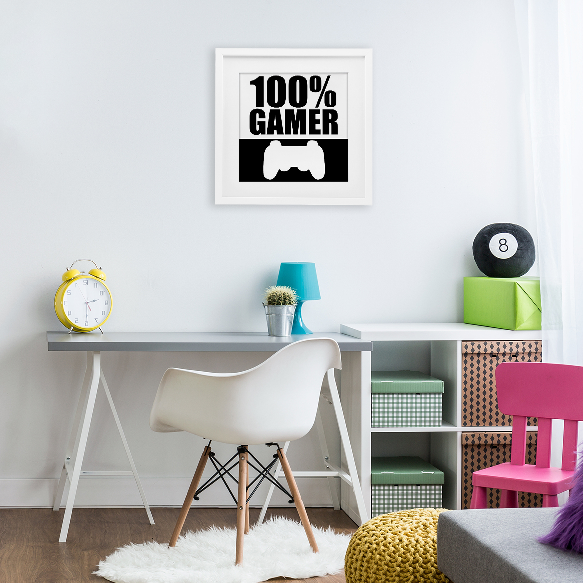 100% Gamer Black & White White Framed Print Under Glass, design by Kim Allen