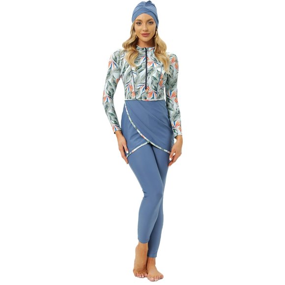 3-Piece Set Muslim Sports Swimwear Women Islamic Burkini Modest Print Patchwork Hijab Long Sleeves Swimsuit