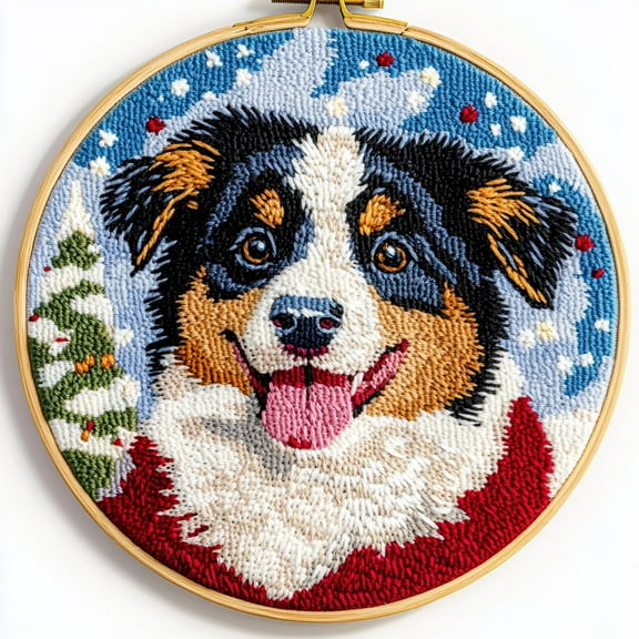 DIY Punch Needle Kits for Beginners Puppy Australian Shepherd Dog Christmas with Hoop Punch Needle Starter Craft Embroidery Set Easy for Adults and Children Festival Gift and Decoration 20x20cm-1
