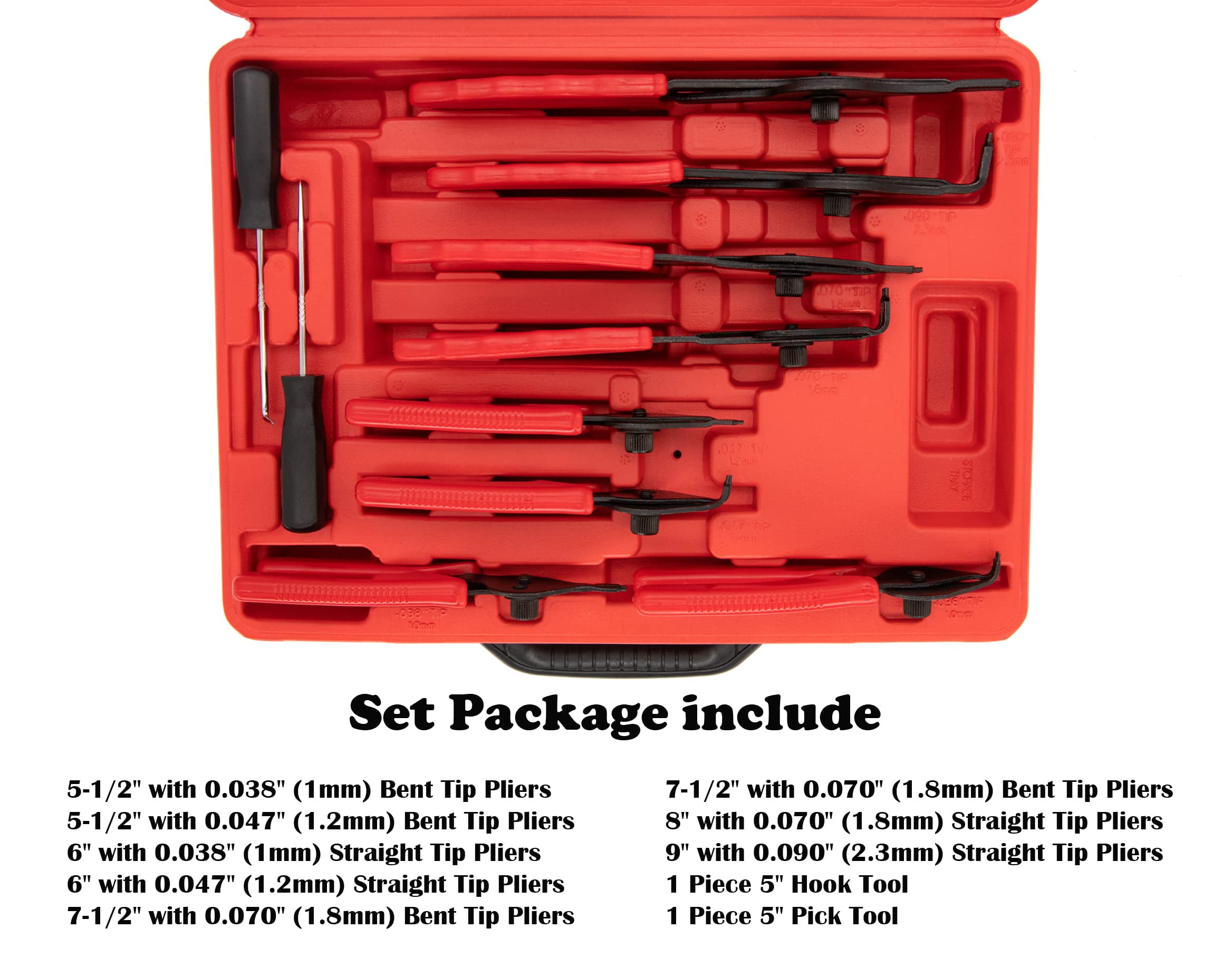 Snap Ring Pliers Set (11 Piece) .038in - .09in for Automobiles Lawnmowers and Farm Equipment Retaining Snap Ring and Circlip Removal Tools Straight & Bent Retaining Ring Pliers w/Hook & Pick C49