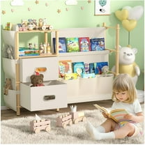 100% Natural Kids Bookshelf and Toy Storage,3 Tier Baby Book Shelf Toy Organizer with Bins and Side Sling Bookcase,Montessori Toy Organizer for Nursery,Living Room,Bedroom,Playroom Decor