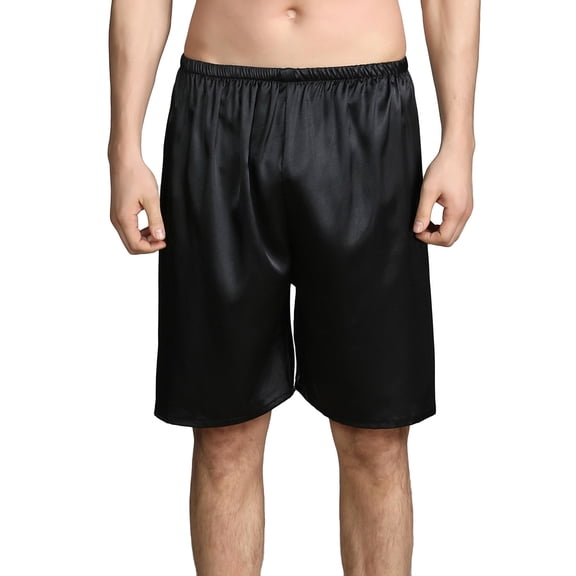 Defitshape Men's Satin Boxer Shorts Silk Sleep Luxury Elastic Waist Summer Soft Comfy Print Silky Loose Above Knee Solid Underwear Pj Pajama Bottoms Black Small
