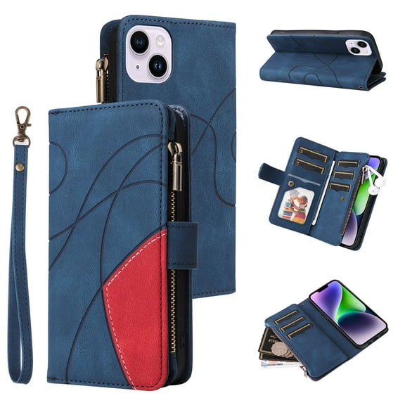 Multifunctional Case for iPhone 13 Mini,[RFID Blocking] 9 Credit Cards Holder with Wrist Strap, Premium PU Leather Zipper Wallet Purse Magnetic Flip Phone Cover For iPhone 13 Mini, Blue