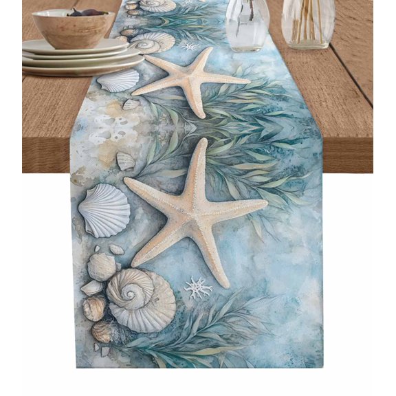 Coastal Starfish Table Runner 70 Inches, Beach Summer Starfish Nautical Shell Blue Bed Runner Dresser Scarves Tabletop for Indoor Outdoor Parties/Ceremony/Banquet, 13" x 70"