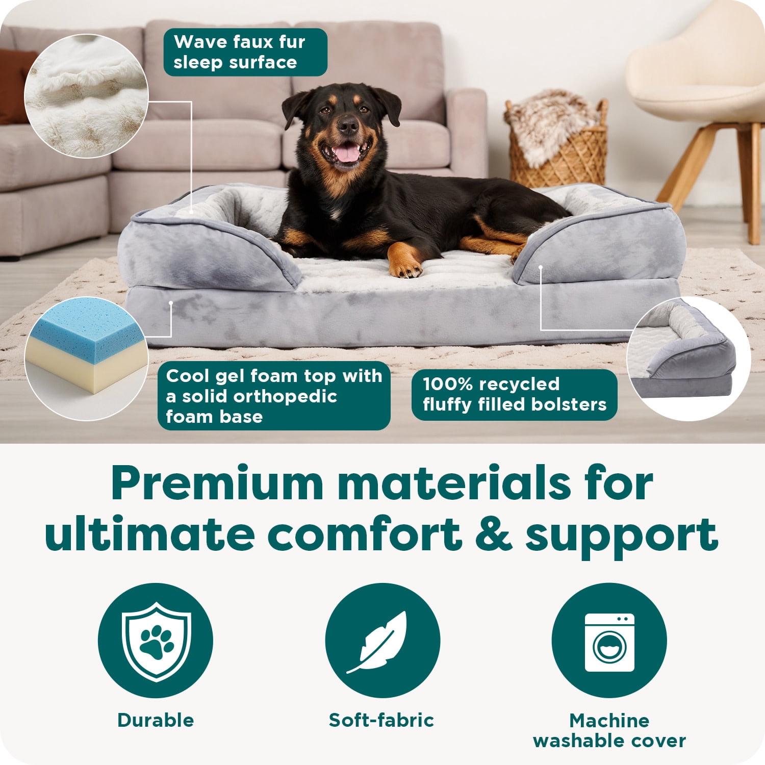 FurHaven Cooling Gel Dog Bed for Large Dogs, Perfect Comfort Sofa Bed with Cool Gel-Top Foam with a Solid Orthopedic Foam Base for Joint Support, Washable Cover, Jumbo XL, Plush & Velvet Granite Gray