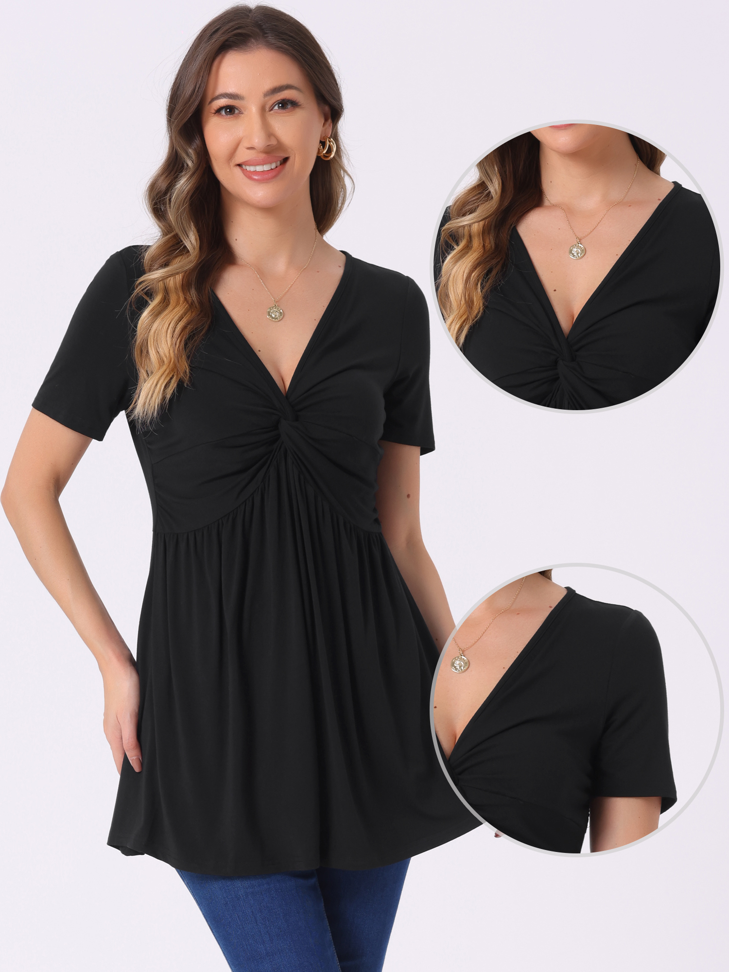 DARING DIVA Women's Knotted V Neck Blouse Summer Short Sleeve Tunic Tops Black S