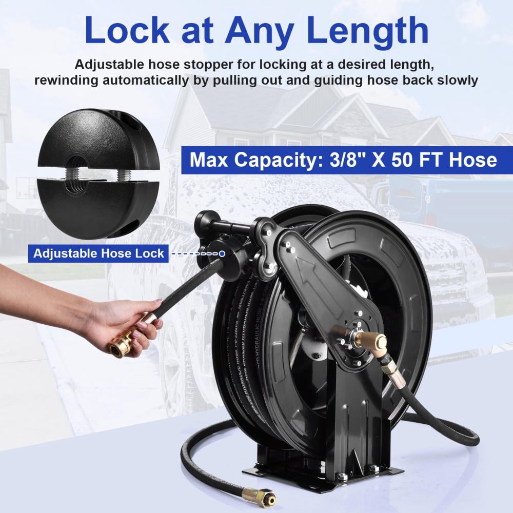 VAHIGCY Pressure Washer Hose Reel 50 Ft 3/8inch X 50 FT Heavy Duty Tools Hose Reel Auto-Retractable Hose Reel Steel Arm 4000 PSI Hose Reel For Easy Watering Of Garden Or Yard usual