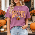 thumbnail image 4 of Spooky Pumpkin Halloween T-Shirt, Retro Bat Spiderweb Graphic Tee, Cute Fall Season Shirt, Vintage October Apparel Gift for Her - Berry, L, 4 of 5