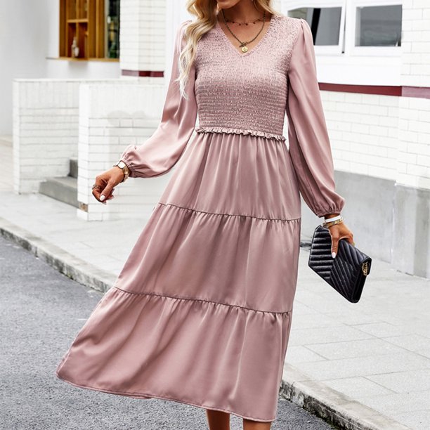 Vestido De Manga Farol Vestido elegante con pliegues en línea A para mujer, vestido de cintura alta, elegante vestido de viaje Ygjytge Rosa M para Mujer