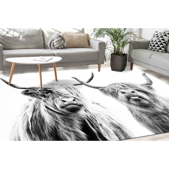 Entry Rugs, Animal Rug, Highland Cow Rugs, Black and White Rug, Dining Room Rugs, Scottish Rug, Anti-Slip Carpet Rugs, Printed Rug, 2.6'x4' - 80x120 cm