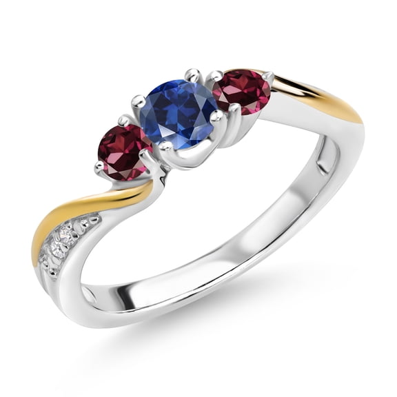 Gem Stone King 925 Silver and 10K Yellow Gold Blue Created Sapphire Red Rhodolite Garnet and Lab Grown Diamond 3 Stone Engagement Ring for Women (0.52 Cttw, September Birthstone, Size 8)