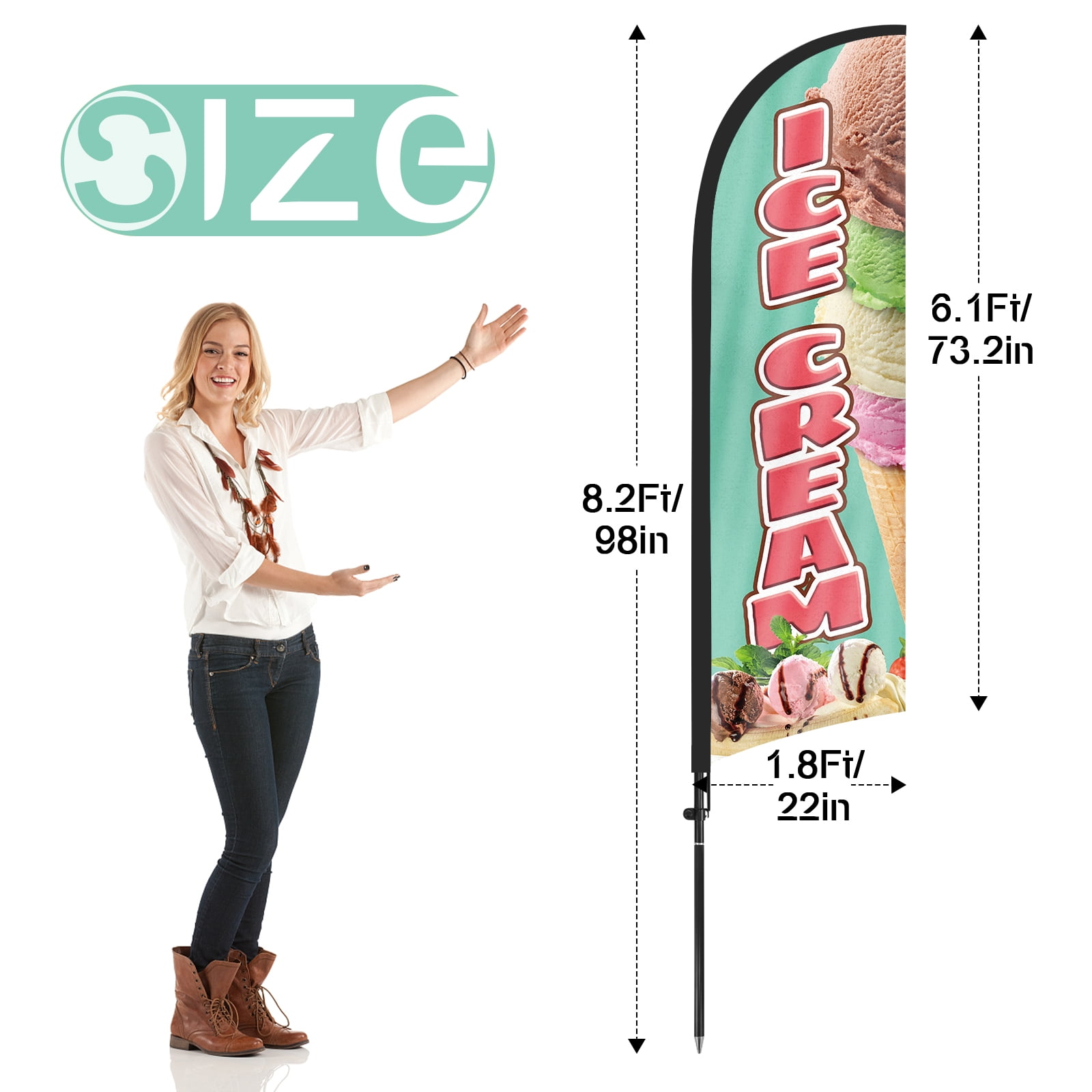 QSUM Ice Cream Feather Flag with Flag Pole Kit and Ground Spike, 8.2FT Ice Cream Windless Flag Banner Sign Business for Outdoor Advertising Sign Decoration Display