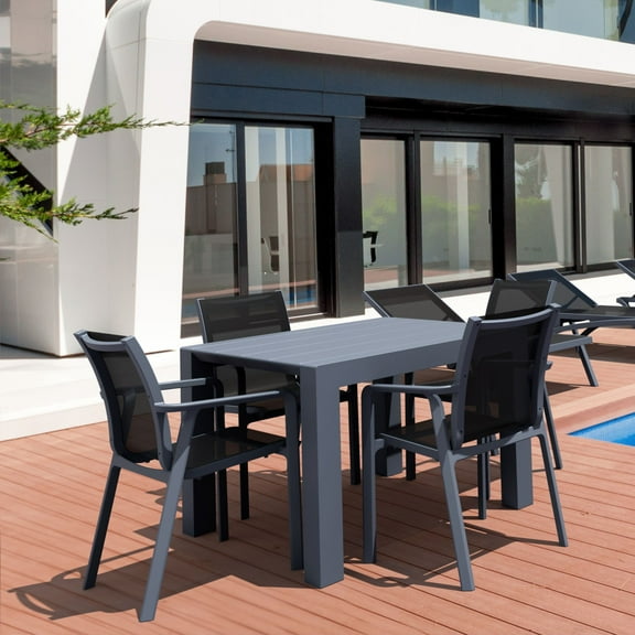 5-Piece Gray Resin Patio Dining Set with Extension Table and Sling Arm Chairs 55"