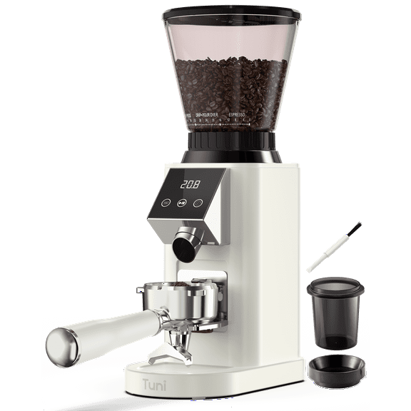Tuni G1 Conical Burr Coffee Grinder, 48 Grind Settings Anti-static Burr Mill, Precision Electronic Timer and LED Touchscreen for Espresso/Drip/Cold Brew/French Press, Stainless Steel, Ivory