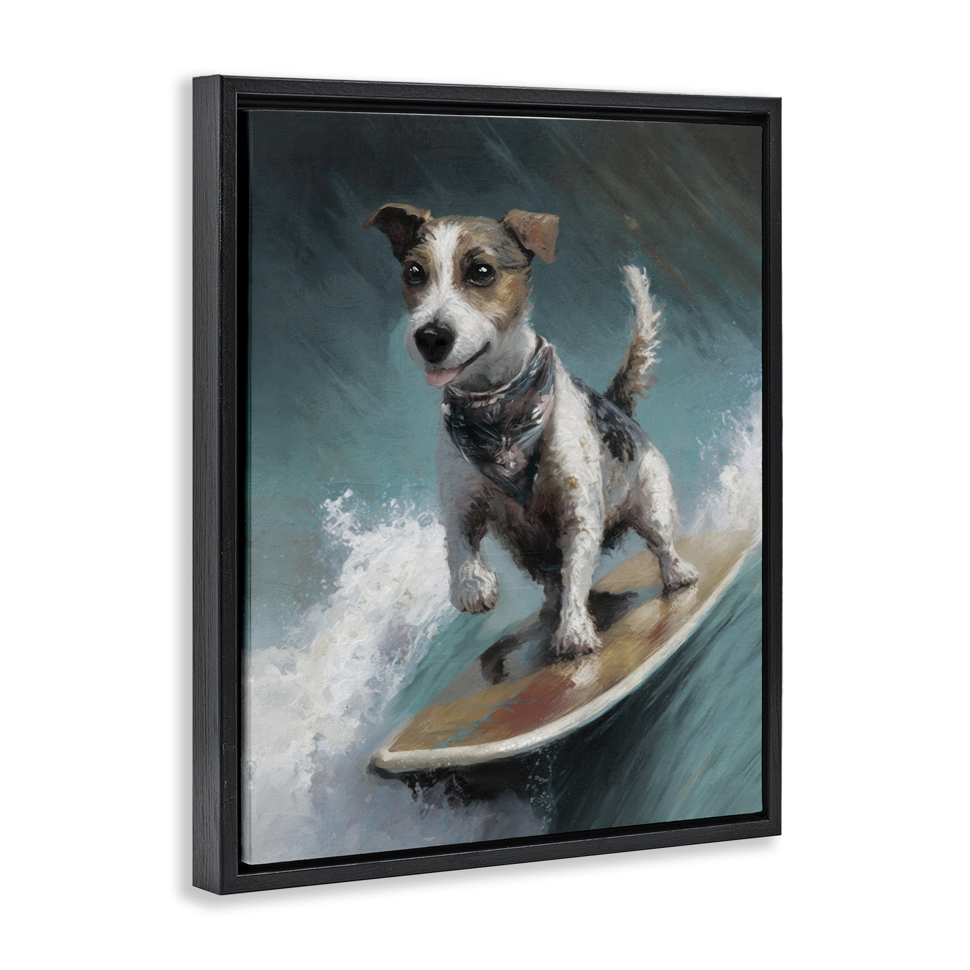 Stupell Industries Beachy Surfer Dog Animals Painting Black Floater Framed Canvas Art Print Wall Art, 25 x 31