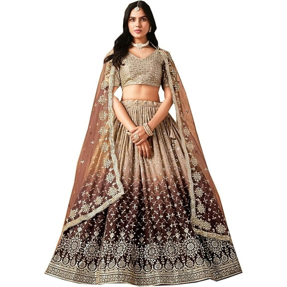 Indian Designer Luxurious Zari & Sequins Worked Wedding Wear Lehenga Choli Outfits ( Brown, XXS - 34 )