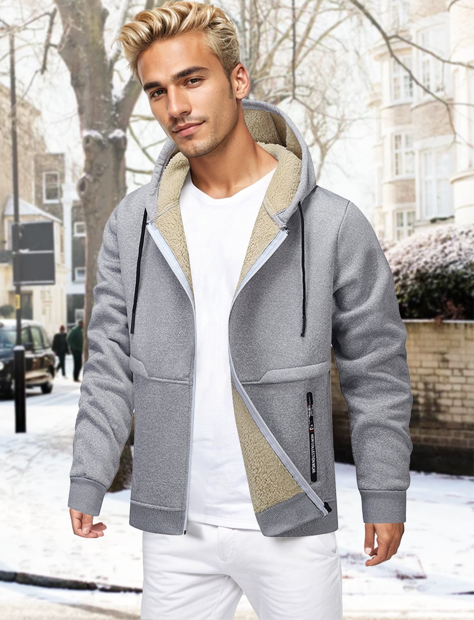 FEOYA Sherpa Lined Hoodies for Men Heavyweight Fleece Jackets Thermal Thick Coat Softshell Outwear Warm winter Sweatshirt with Pockets 2XL Gray